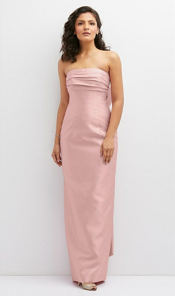 Front View - Rose Strapless Draped Bodice Column Dress with Oversized Bow