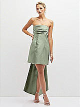 Front View Thumbnail - Sage Strapless Satin Column Mini Dress with Oversized Bow