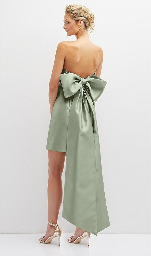 Back View - Sage Strapless Satin Column Mini Dress with Oversized Bow