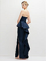 Rear View Thumbnail - Midnight Navy Strapless Satin Maxi Dress with Cascade Ruffle Peplum Detail