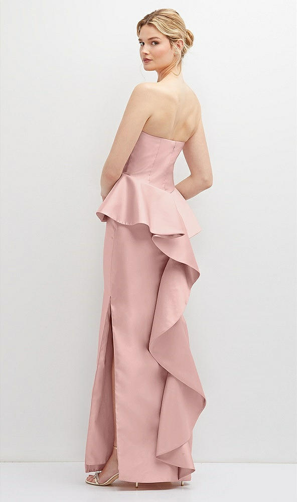 Back View - Rose Strapless Satin Maxi Dress with Cascade Ruffle Peplum Detail