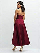 Rear View Thumbnail - Burgundy Draped Bodice Strapless Satin Midi Dress with Full Circle Skirt