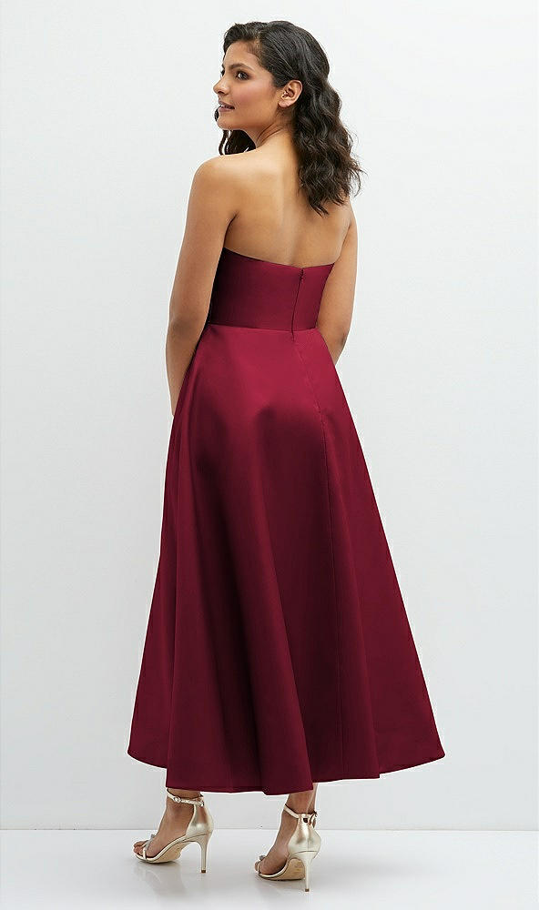 Back View - Burgundy Draped Bodice Strapless Satin Midi Dress with Full Circle Skirt