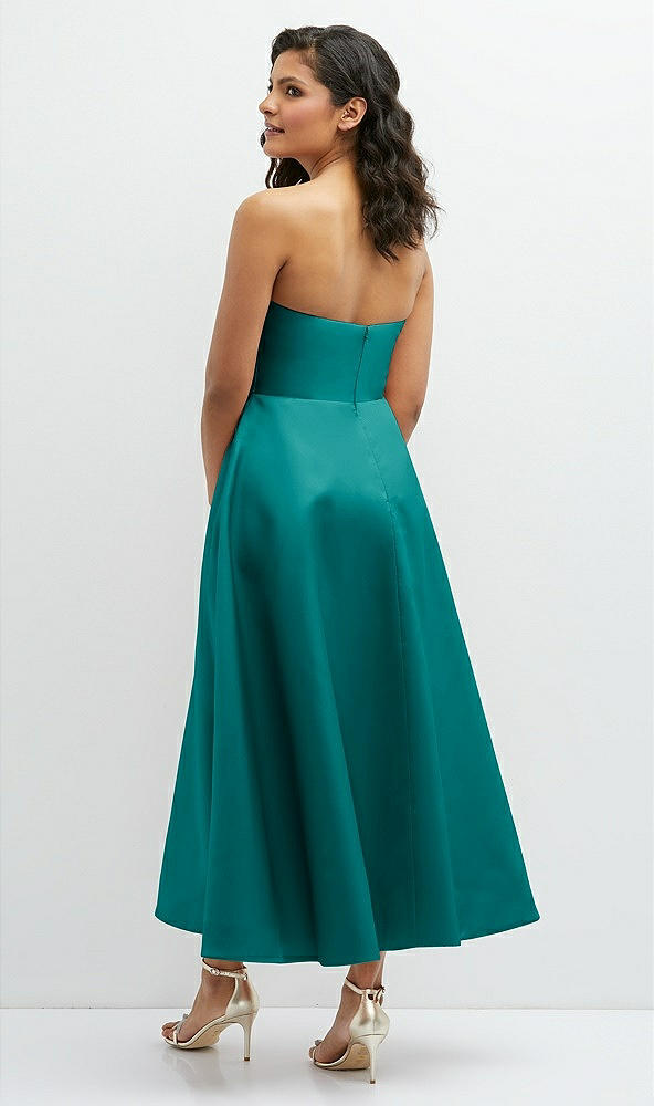 Back View - Jade Draped Bodice Strapless Satin Midi Dress with Full Circle Skirt