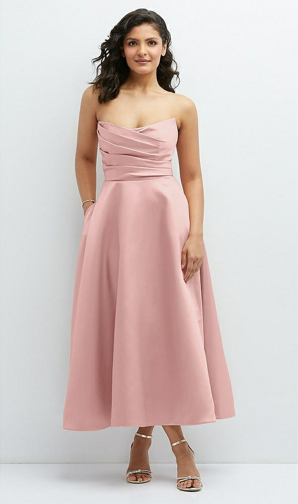 Front View - Rose Draped Bodice Strapless Satin Midi Dress with Full Circle Skirt