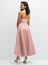 Rear View Thumbnail - Rose Draped Bodice Strapless Satin Midi Dress with Full Circle Skirt