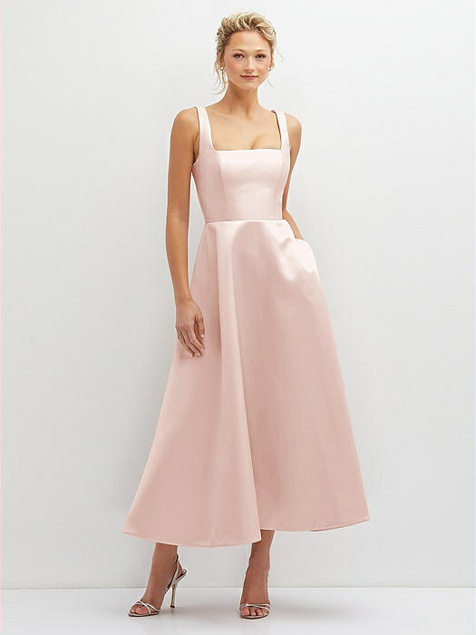 Square Neck Satin Midi Dress with Full Skirt & Pockets