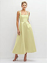 Front View Thumbnail - Butter Yellow Square Neck Satin Midi Dress with Full Skirt & Pockets