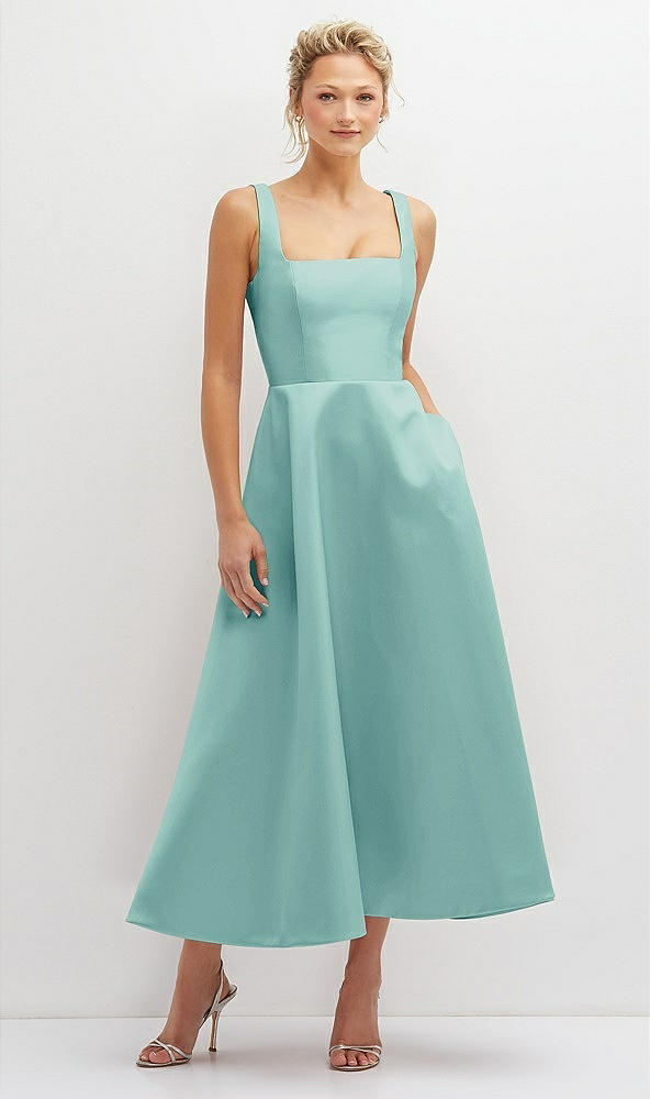 Front View - Coastal Square Neck Satin Midi Dress with Full Skirt & Pockets