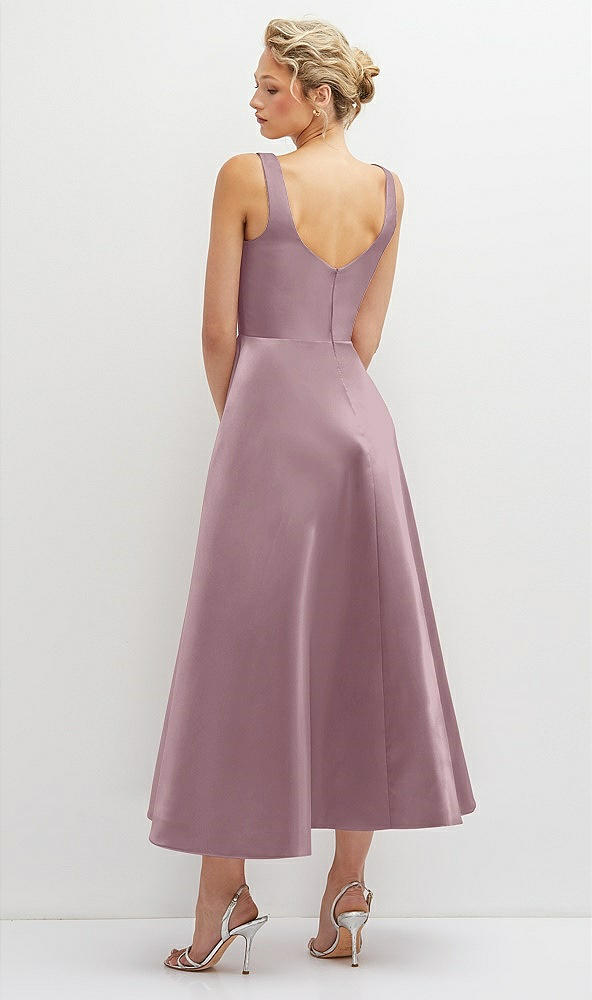 Back View - Dusty Rose Square Neck Satin Midi Dress with Full Skirt & Pockets