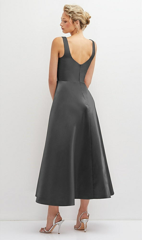 Back View - Gunmetal Square Neck Satin Midi Dress with Full Skirt & Pockets