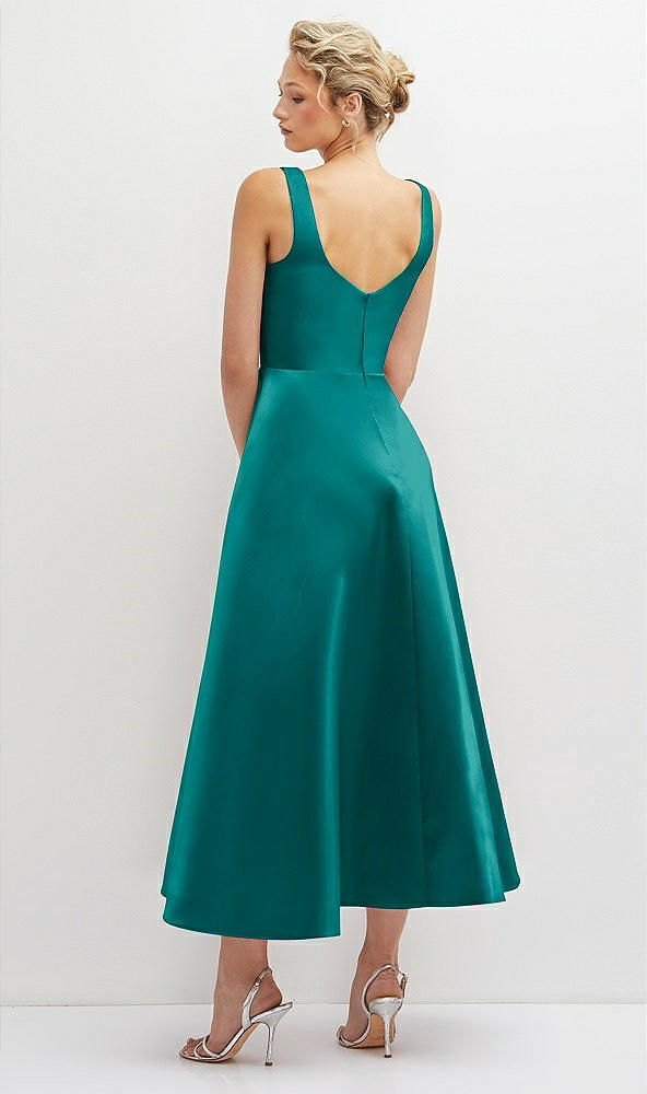 Back View - Jade Square Neck Satin Midi Dress with Full Skirt & Pockets