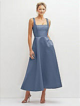 Front View Thumbnail - Larkspur Blue Square Neck Satin Midi Dress with Full Skirt & Pockets