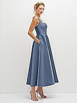 Side View Thumbnail - Larkspur Blue Square Neck Satin Midi Dress with Full Skirt & Pockets