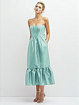 Alt View 1 Thumbnail - Coastal Strapless Satin Midi Corset Dress with Lace-Up Back & Ruffle Hem