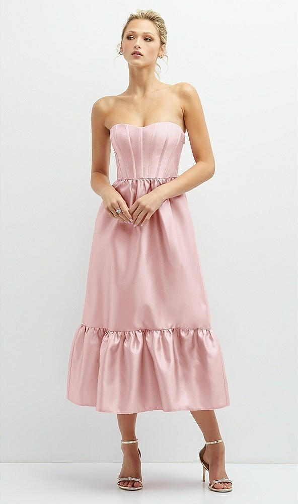 Front View - Ballet Pink Strapless Satin Midi Corset Dress with Lace-Up Back & Ruffle Hem