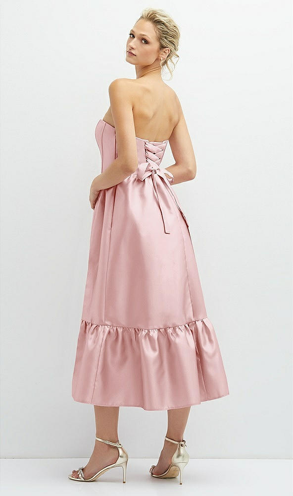 Back View - Ballet Pink Strapless Satin Midi Corset Dress with Lace-Up Back & Ruffle Hem