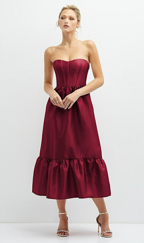 strapless satin midi corset dress with lace-up back & ruffle hem