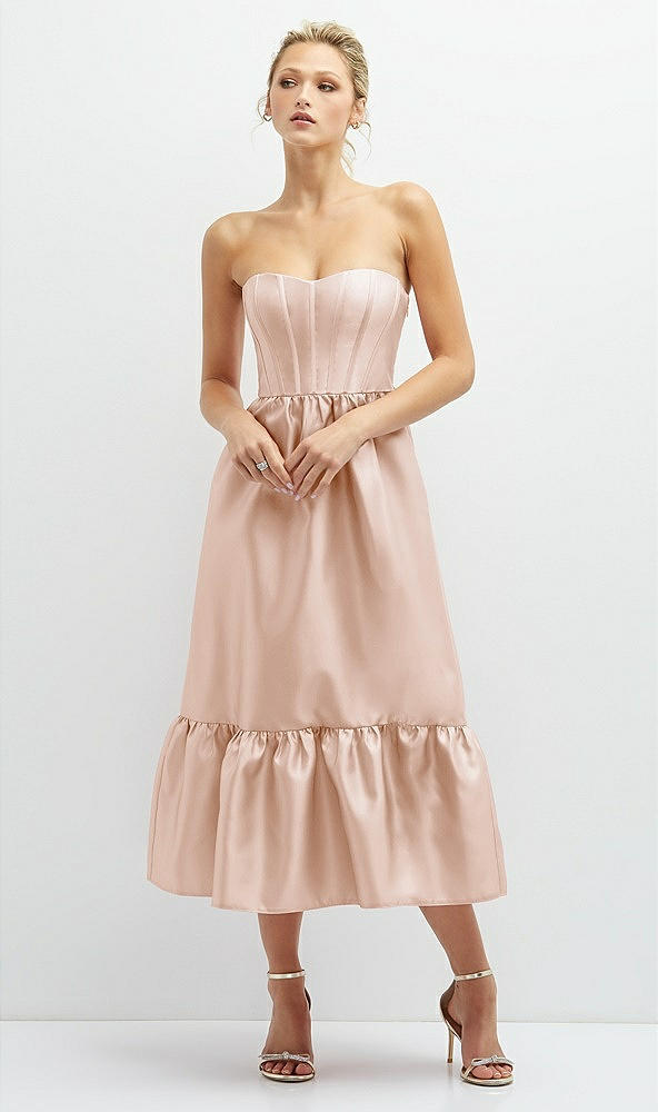 Front View - Cameo Strapless Satin Midi Corset Dress with Lace-Up Back & Ruffle Hem