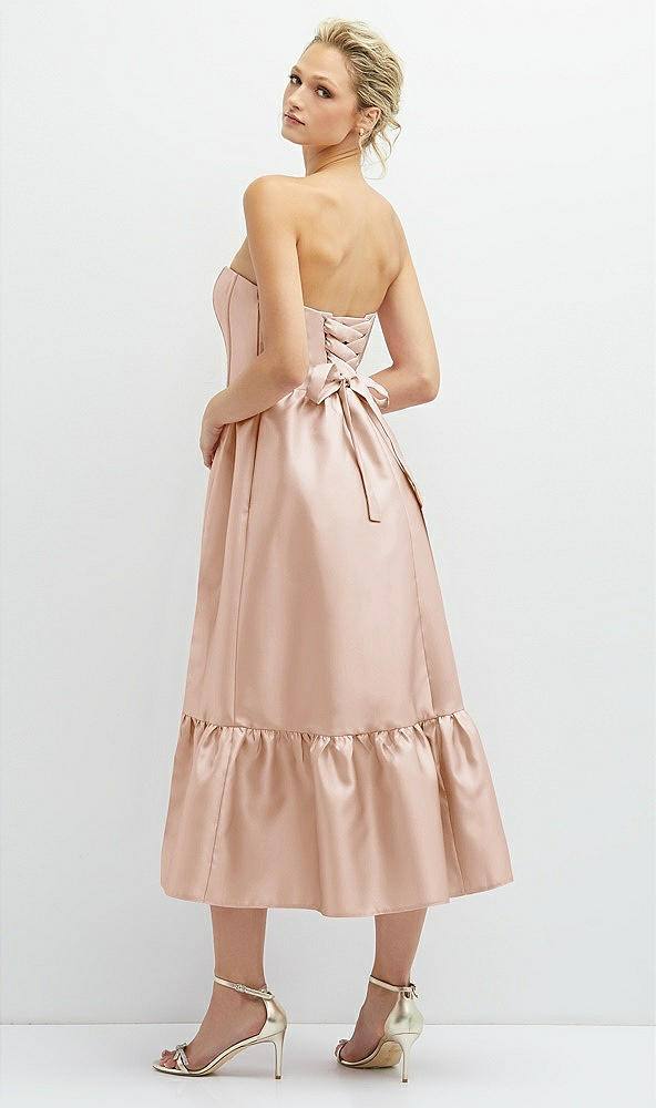 Back View - Cameo Strapless Satin Midi Corset Dress with Lace-Up Back & Ruffle Hem