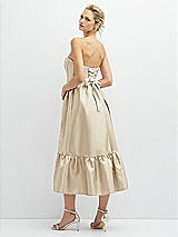 Rear View Thumbnail - Champagne Strapless Satin Midi Corset Dress with Lace-Up Back & Ruffle Hem