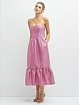 Alt View 1 Thumbnail - Powder Pink Strapless Satin Midi Corset Dress with Lace-Up Back & Ruffle Hem