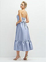 Rear View Thumbnail - Sky Blue Strapless Satin Midi Corset Dress with Lace-Up Back & Ruffle Hem