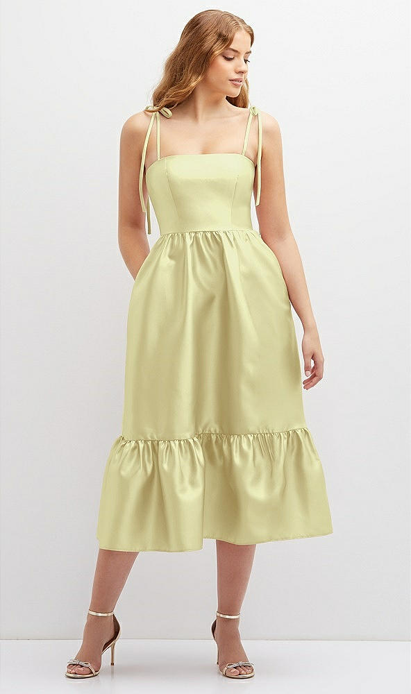 Front View - Butter Yellow Shirred Ruffle Hem Midi Dress with Self-Tie Spaghetti Straps and Pockets