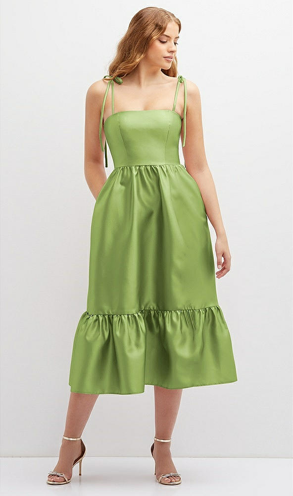 Front View - Mojito Shirred Ruffle Hem Midi Dress with Self-Tie Spaghetti Straps and Pockets