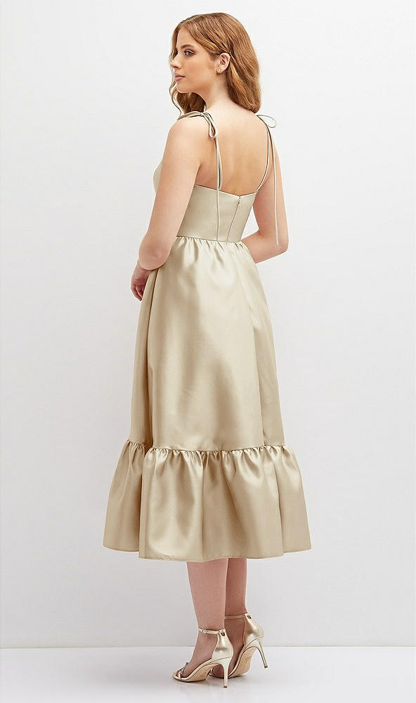 Back View - Champagne Shirred Ruffle Hem Midi Dress with Self-Tie Spaghetti Straps and Pockets