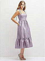 Side View Thumbnail - Lilac Haze Shirred Ruffle Hem Midi Dress with Self-Tie Spaghetti Straps and Pockets