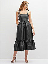 Front View Thumbnail - Pewter Shirred Ruffle Hem Midi Dress with Self-Tie Spaghetti Straps and Pockets