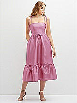 Front View Thumbnail - Powder Pink Shirred Ruffle Hem Midi Dress with Self-Tie Spaghetti Straps and Pockets