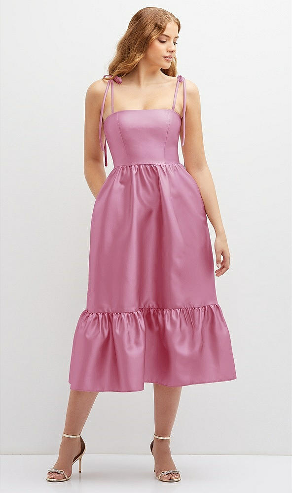 Front View - Powder Pink Shirred Ruffle Hem Midi Dress with Self-Tie Spaghetti Straps and Pockets