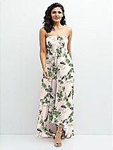 Front View Thumbnail - Palm Beach Print Strapless Draped Notch Neck Chiffon High-Low Dress