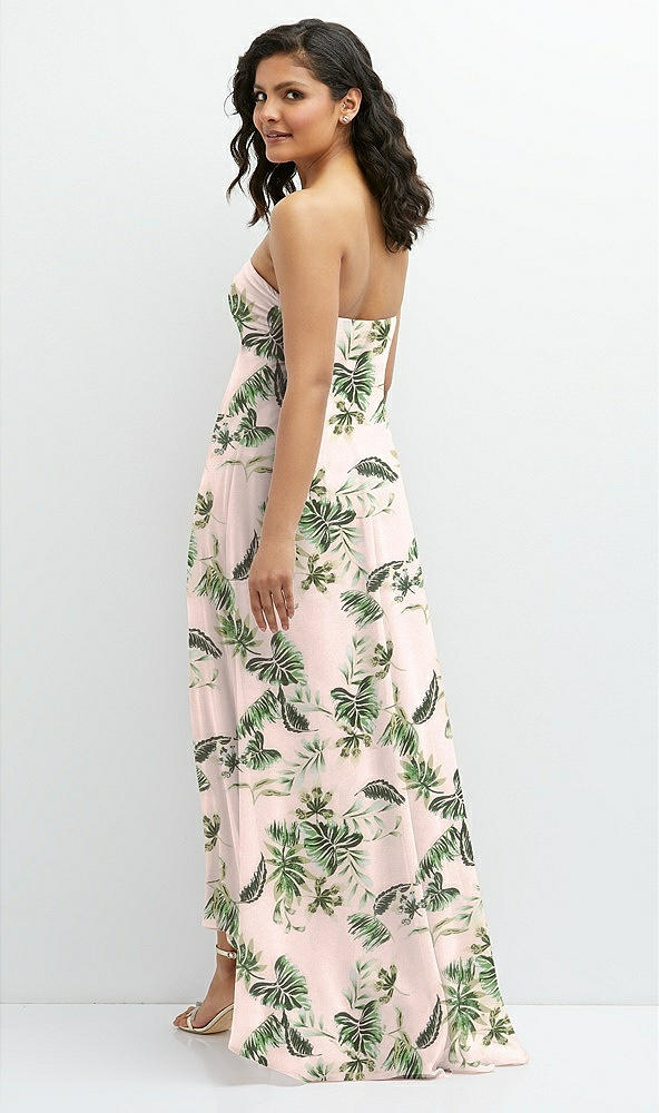 Back View - Palm Beach Print Strapless Draped Notch Neck Chiffon High-Low Dress