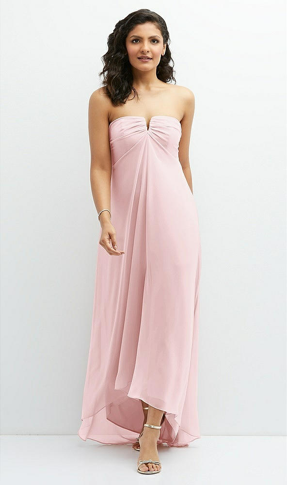 Front View - Ballet Pink Strapless Draped Notch Neck Chiffon High-Low Dress