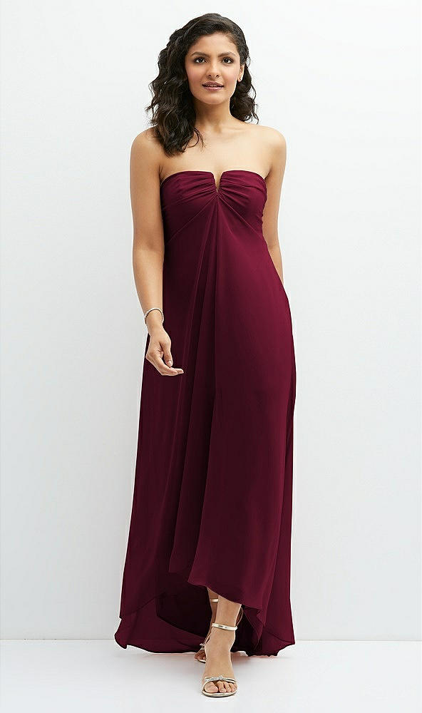 Front View - Cabernet Strapless Draped Notch Neck Chiffon High-Low Dress