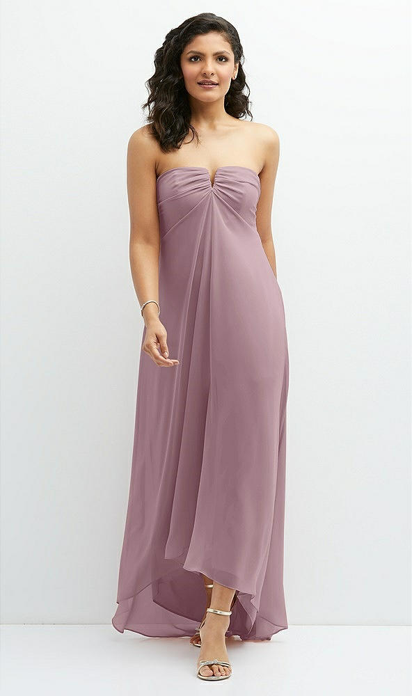 Front View - Dusty Rose Strapless Draped Notch Neck Chiffon High-Low Dress