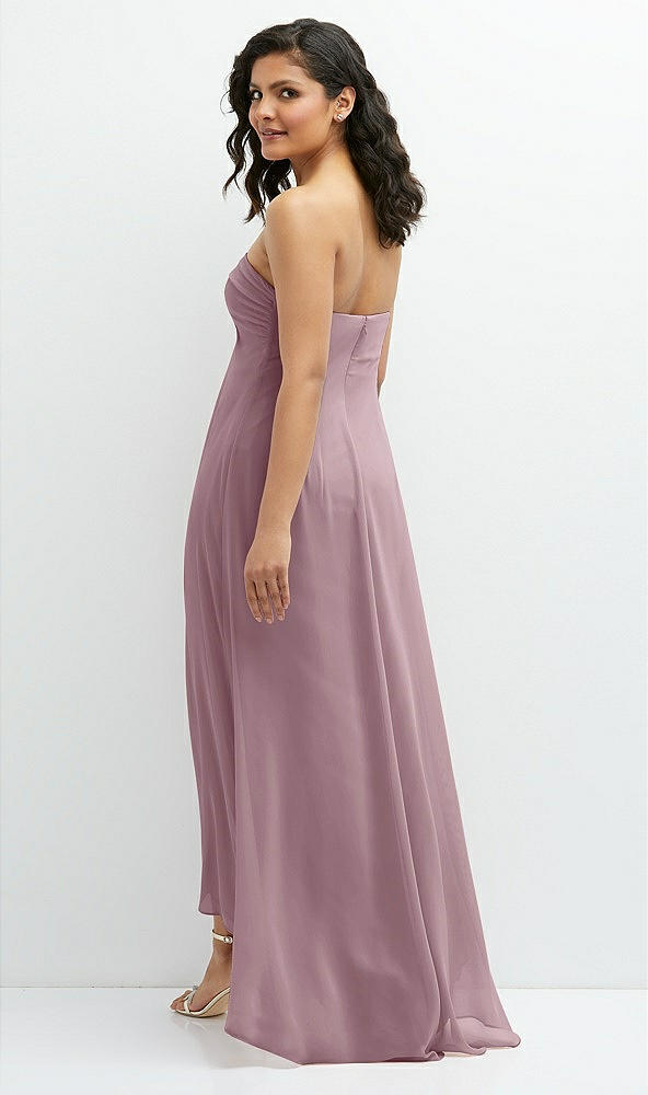 Back View - Dusty Rose Strapless Draped Notch Neck Chiffon High-Low Dress