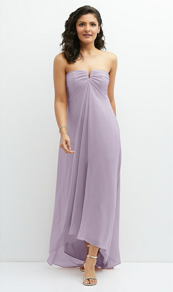 Front View - Lilac Haze Strapless Draped Notch Neck Chiffon High-Low Dress