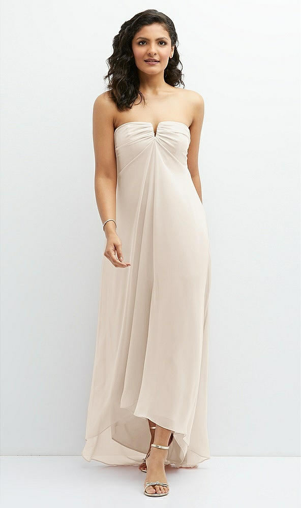 Front View - Oat Strapless Draped Notch Neck Chiffon High-Low Dress