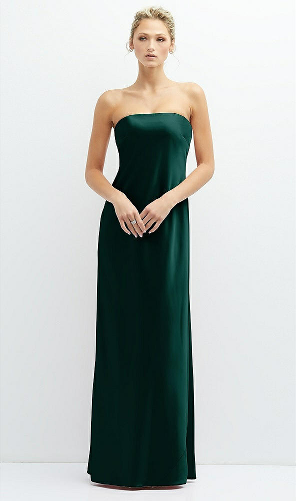 strapless maxi bias column dress with peek-a-boo corset back