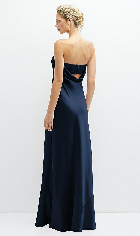 Back View - Midnight Navy Strapless Maxi Bias Column Dress with Peek-a-Boo Corset Back