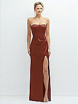 Front View Thumbnail - Auburn Moon Strapless Topstitched Corset Satin Maxi Dress with Draped Column Skirt