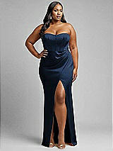 Alt View 1 Thumbnail - Midnight Navy Strapless Topstitched Corset Satin Maxi Dress with Draped Column Skirt