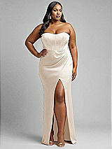 Alt View 1 Thumbnail - Oat Strapless Topstitched Corset Satin Maxi Dress with Draped Column Skirt