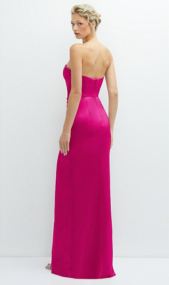 Back View - Think Pink Strapless Topstitched Corset Satin Maxi Dress with Draped Column Skirt