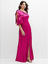 Side View Thumbnail - Think Pink One-Shoulder Satin Maxi Dress with Chic Oversized Shoulder Bow