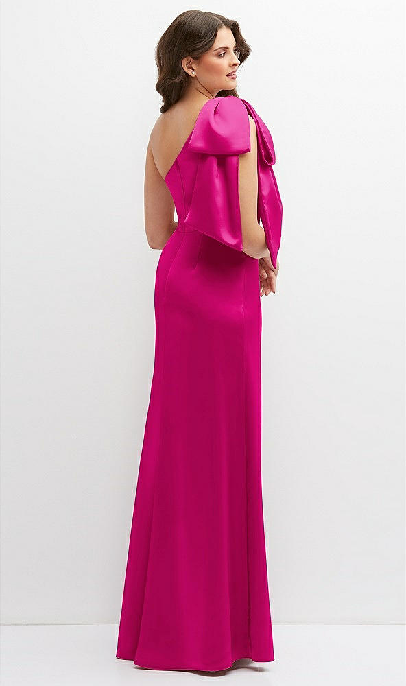 Back View - Think Pink One-Shoulder Satin Maxi Dress with Chic Oversized Shoulder Bow